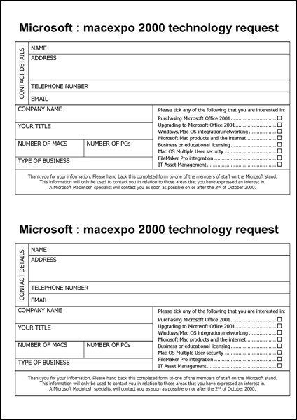 Graham Needham Portfolio - Project Management - Expos - MacExpo 2000 - Customer Technology Request Form JPEG image